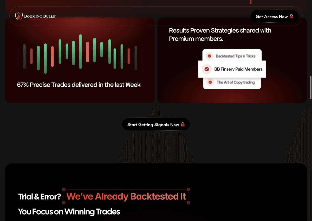 Booming Bulls Finserv home page section reading 67% Precise Trades delivered in the last Week, with a Start Getting Signals Now button.