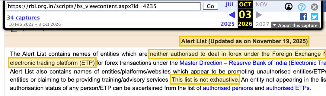 RBI Alert List, updated as on November 19, 2025: entities neither authorised to deal in forex under FEMA nor authorised to operate an electronic trading platform; this list is not exhaustive.