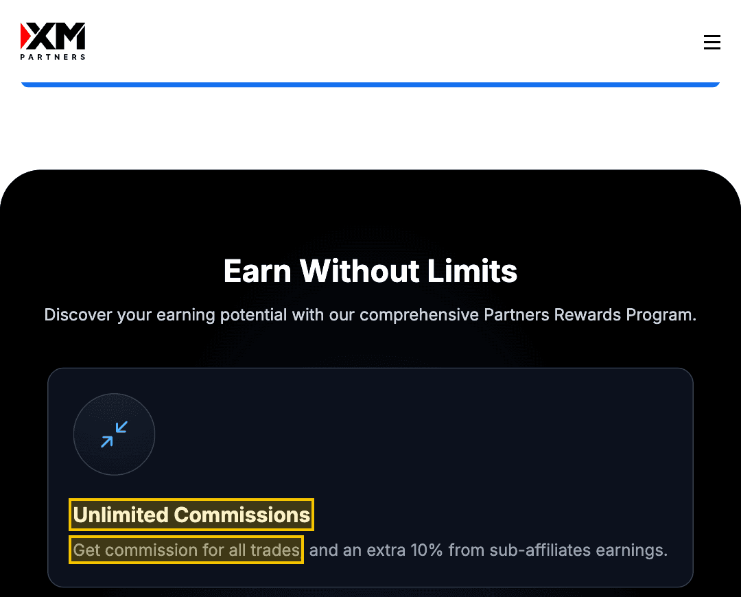 XM Partners page: Unlimited Commissions. Get commission for all trades.